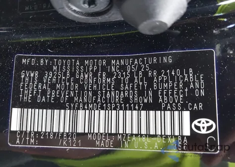 2025 Toyota Corolla Le из США, поврежденный, VIN 5YFB4MDE1SP311147